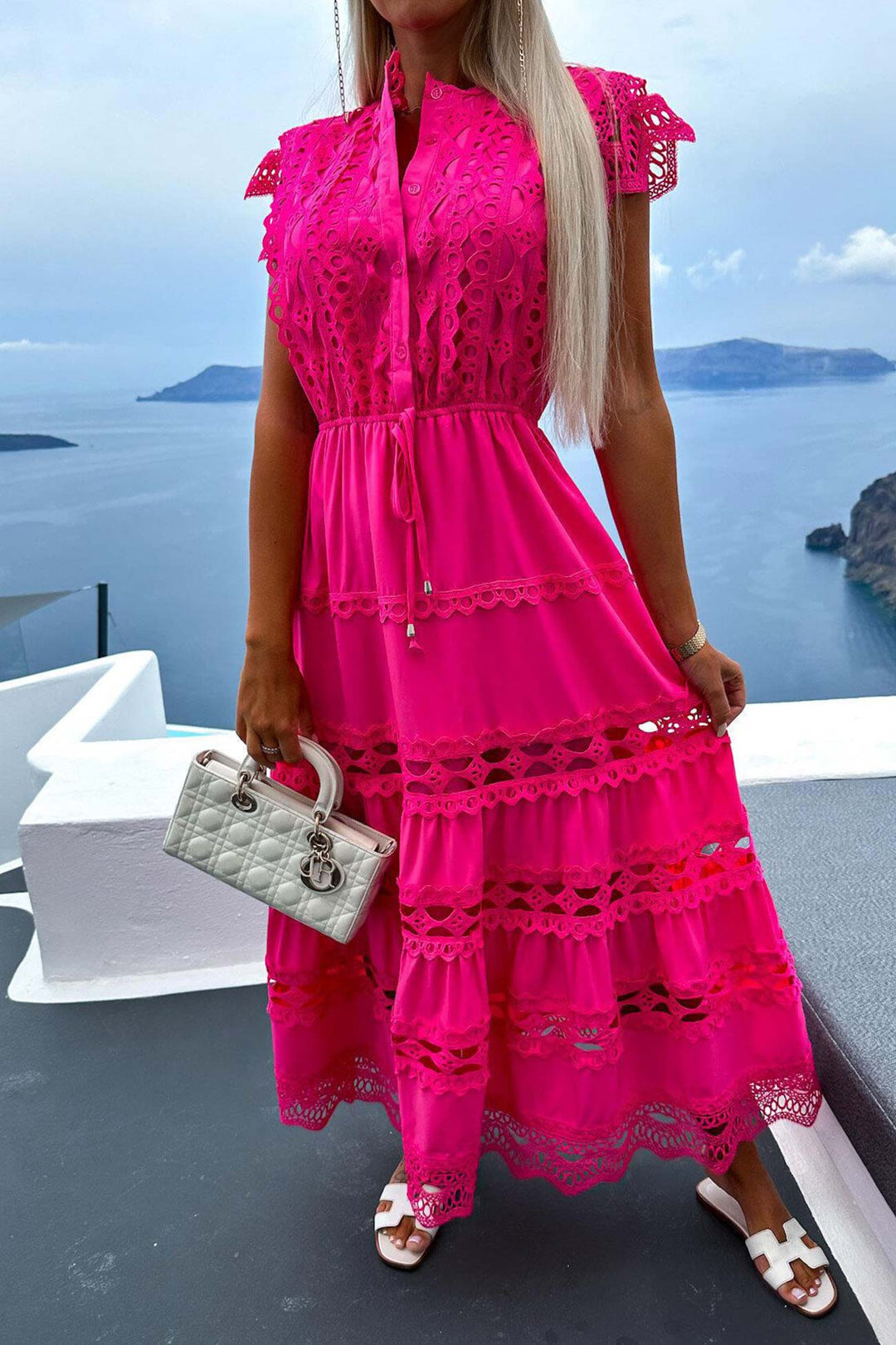 Lace Crochet Hollow Out Tiered Dress White · 3XL