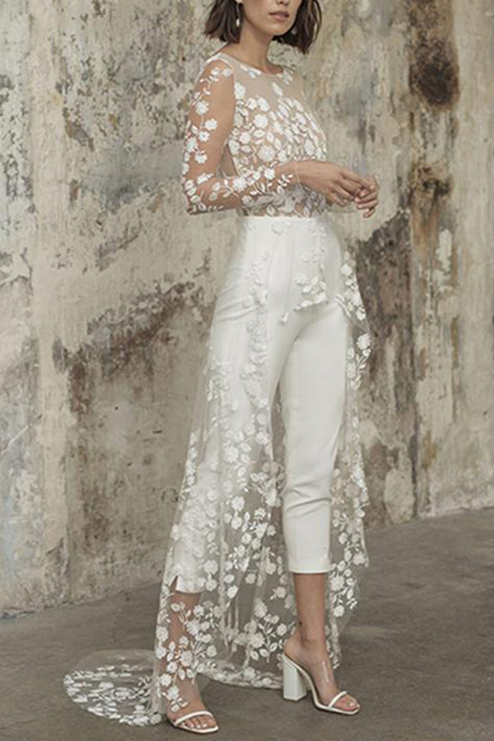 Lace Fake Two-piece Jumpsuits White · L