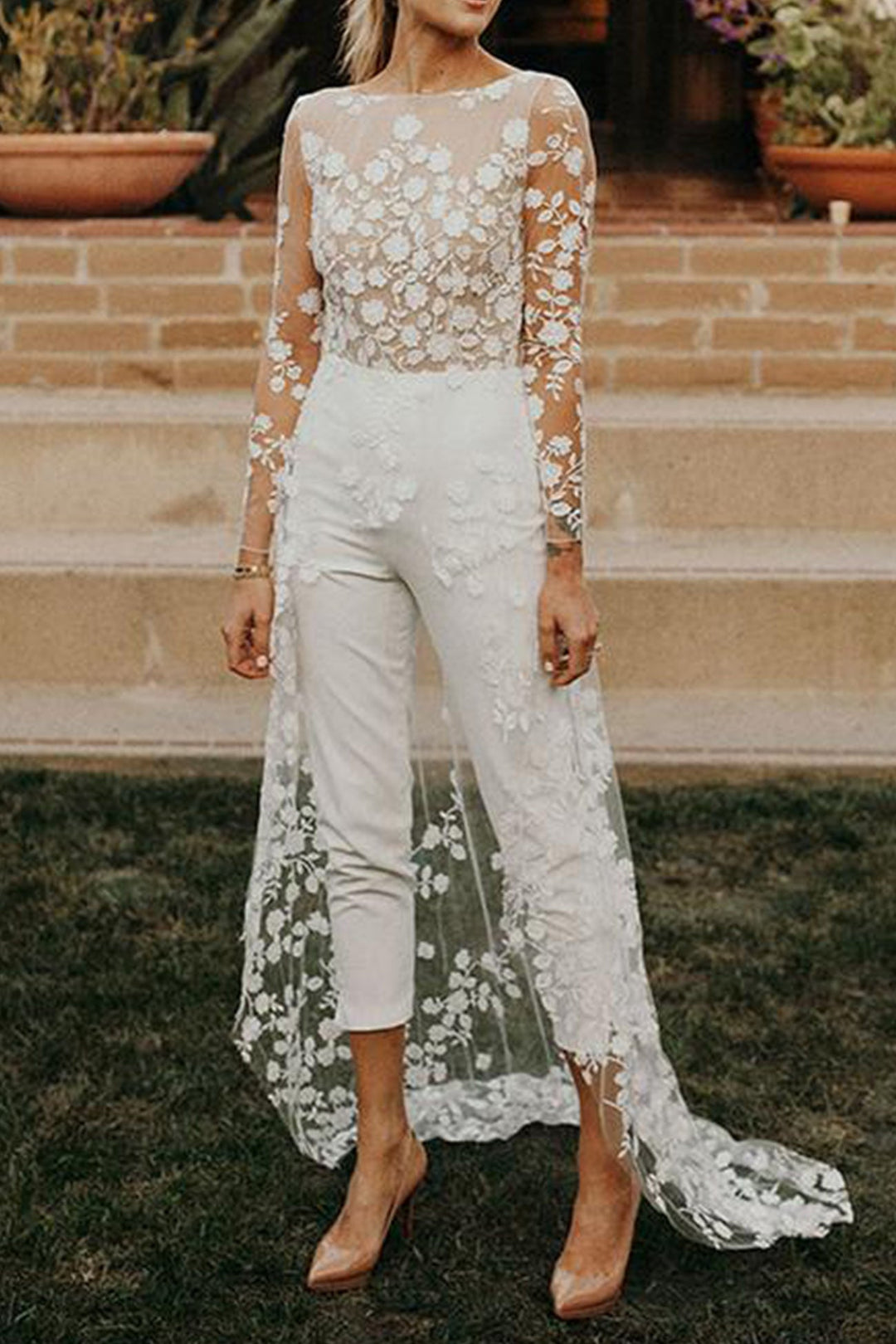 Lace Fake Two-piece Jumpsuits White · S