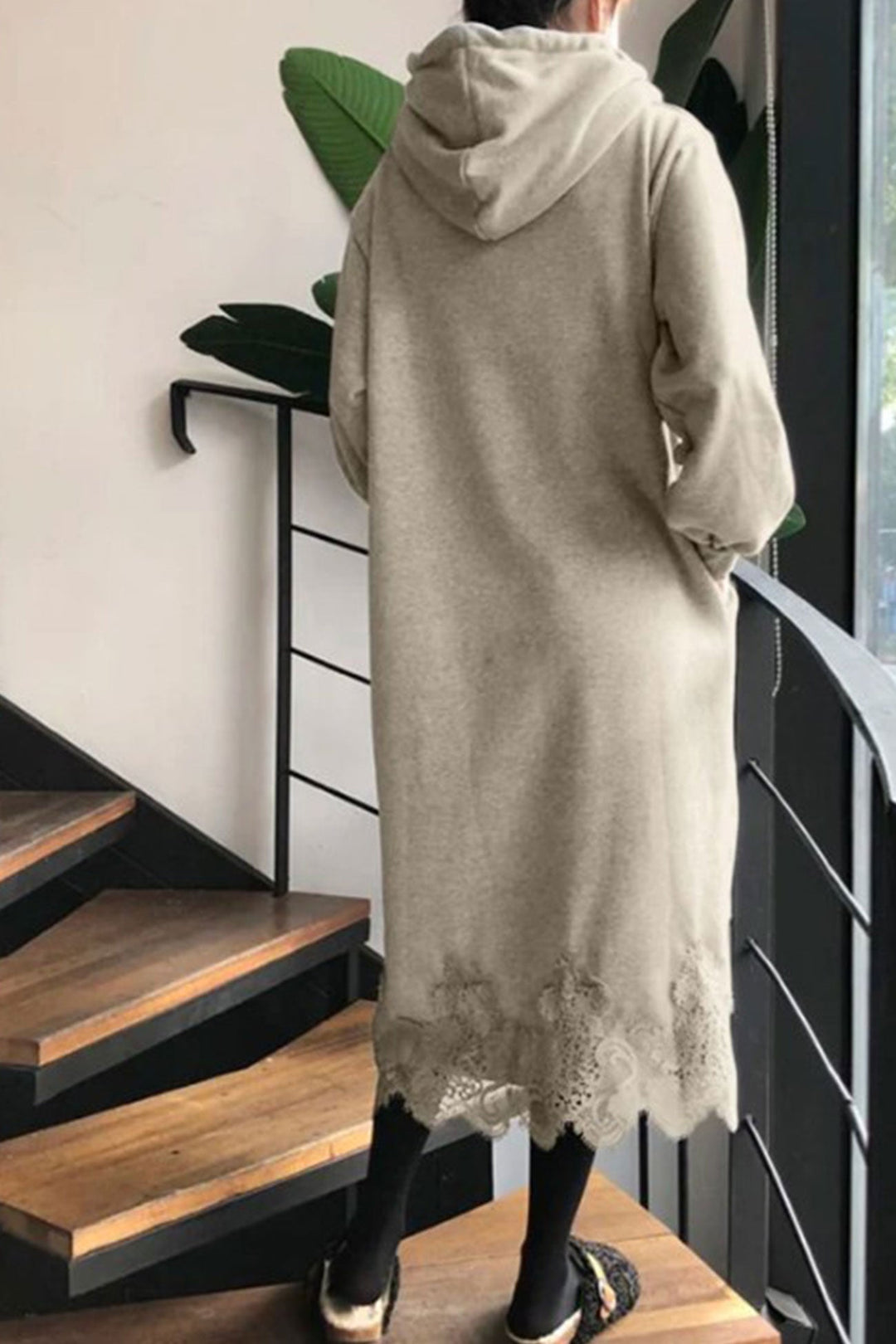 Lace Hem Hoodie Dress Khaki · M