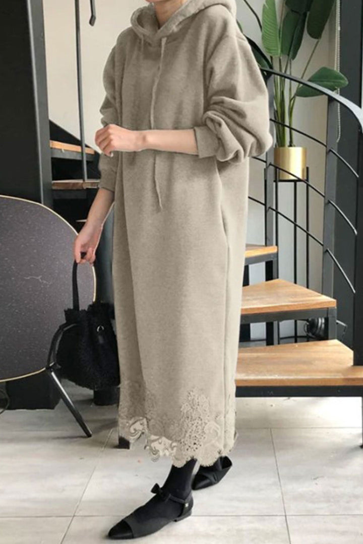 Lace Hem Hoodie Dress Khaki · S