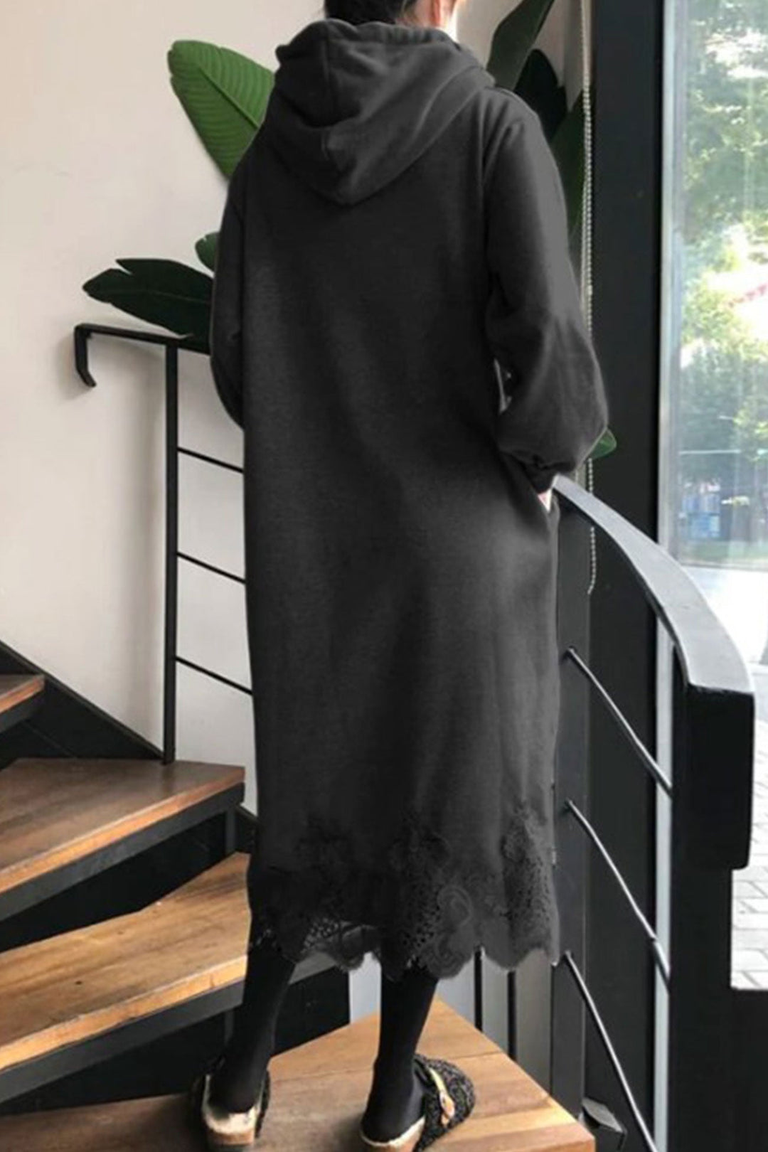 Lace Hem Hoodie Dress Khaki · 5XL