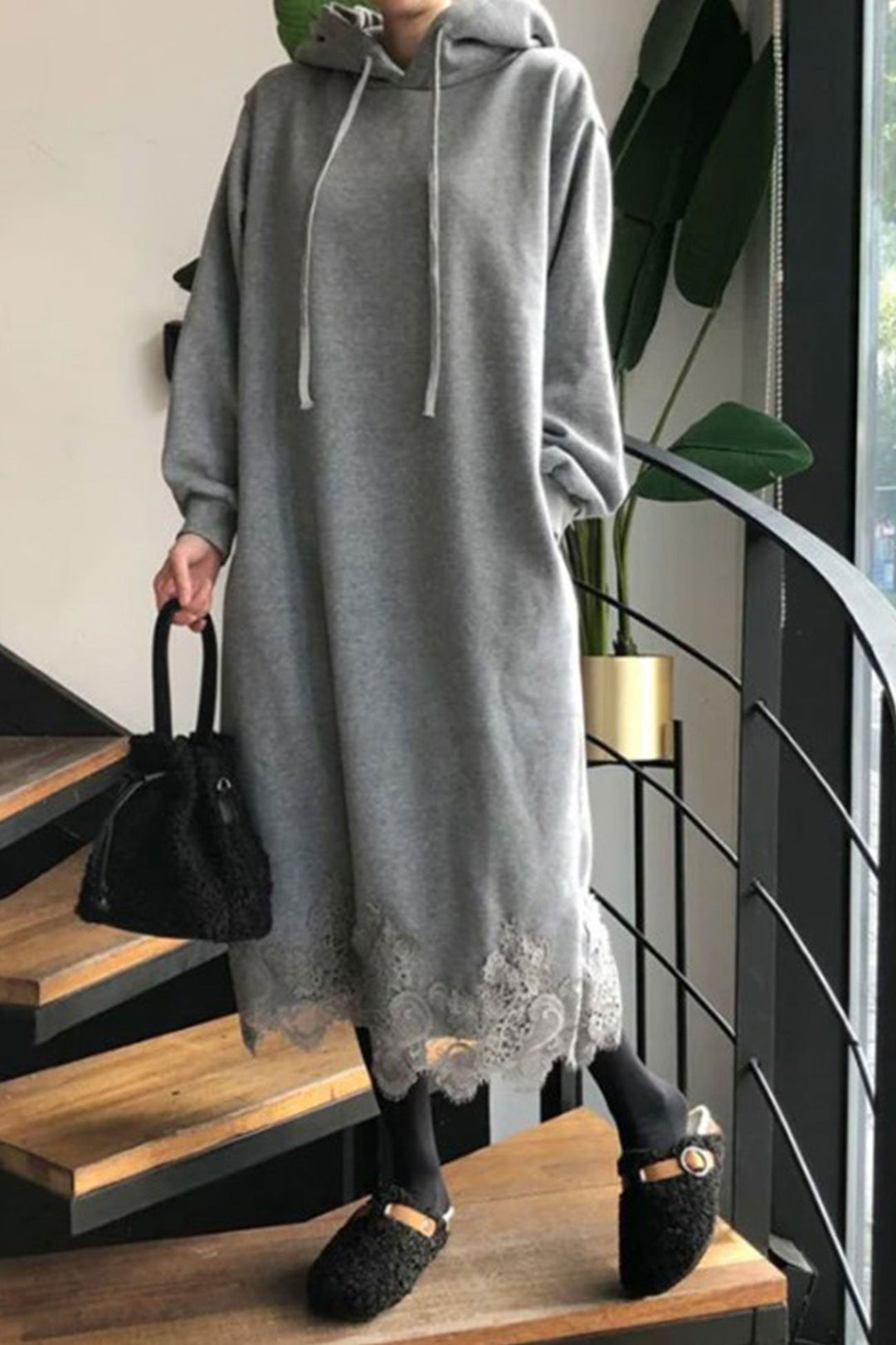 Lace Hem Hoodie Dress Khaki · XL