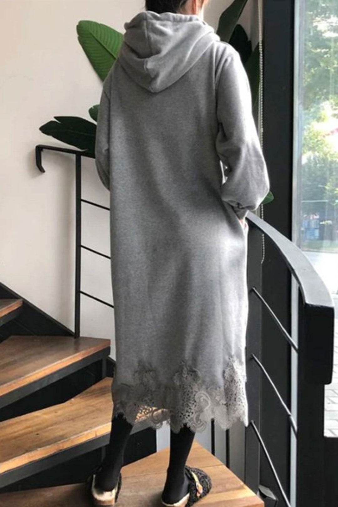 Lace Hem Hoodie Dress Khaki · 2XL