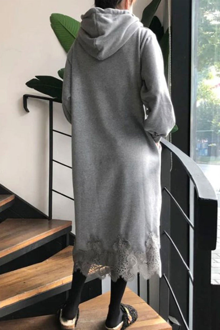 Lace Hem Hoodie Dress Khaki · 2XL