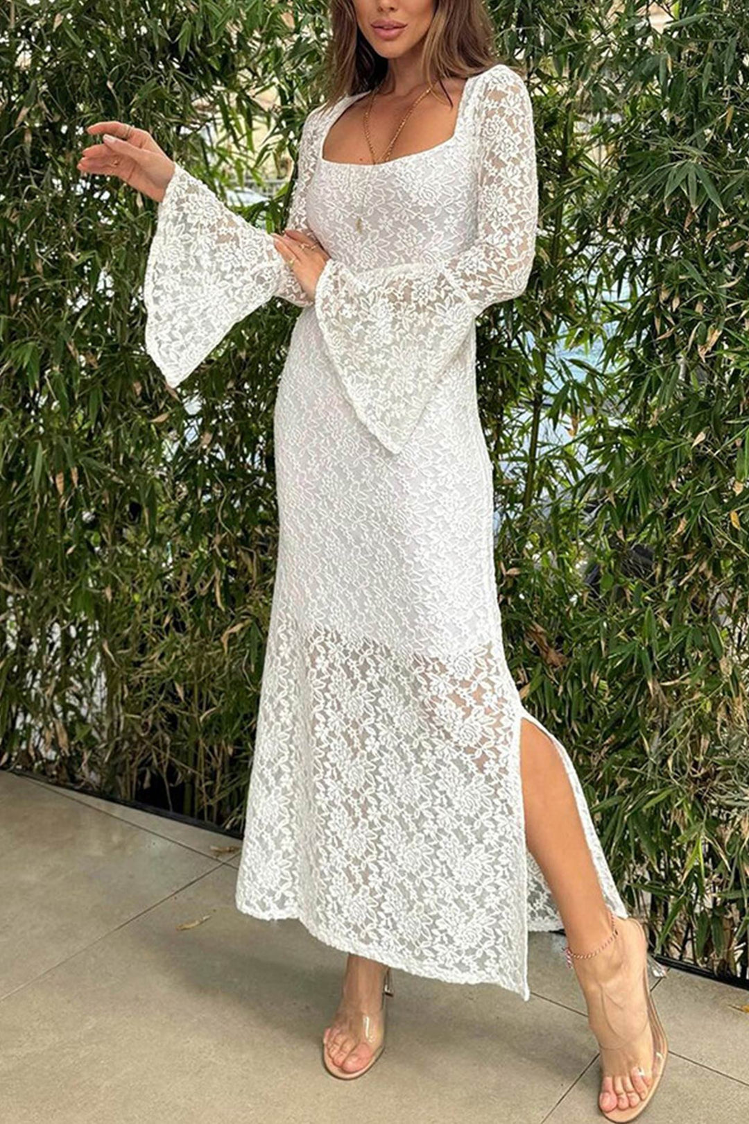 Lace Long Flare Sleeve Slit Dress White · L