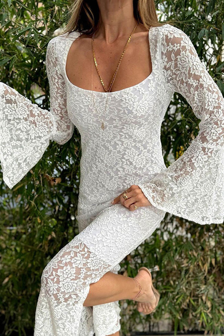 Lace Long Flare Sleeve Slit Dress White · S