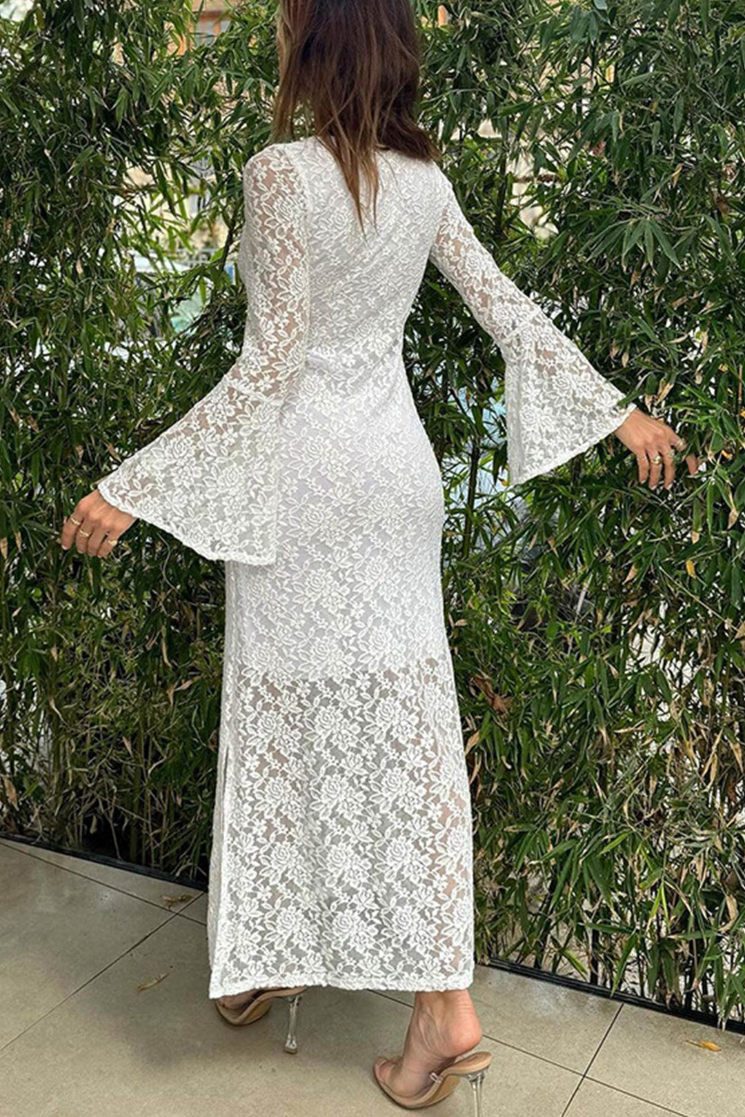 Lace Long Flare Sleeve Slit Dress White · M