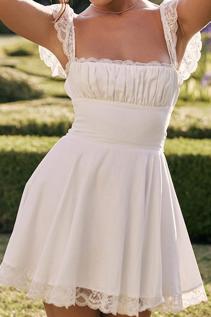 Lace Patchwork Strappy Corset Dress White · L