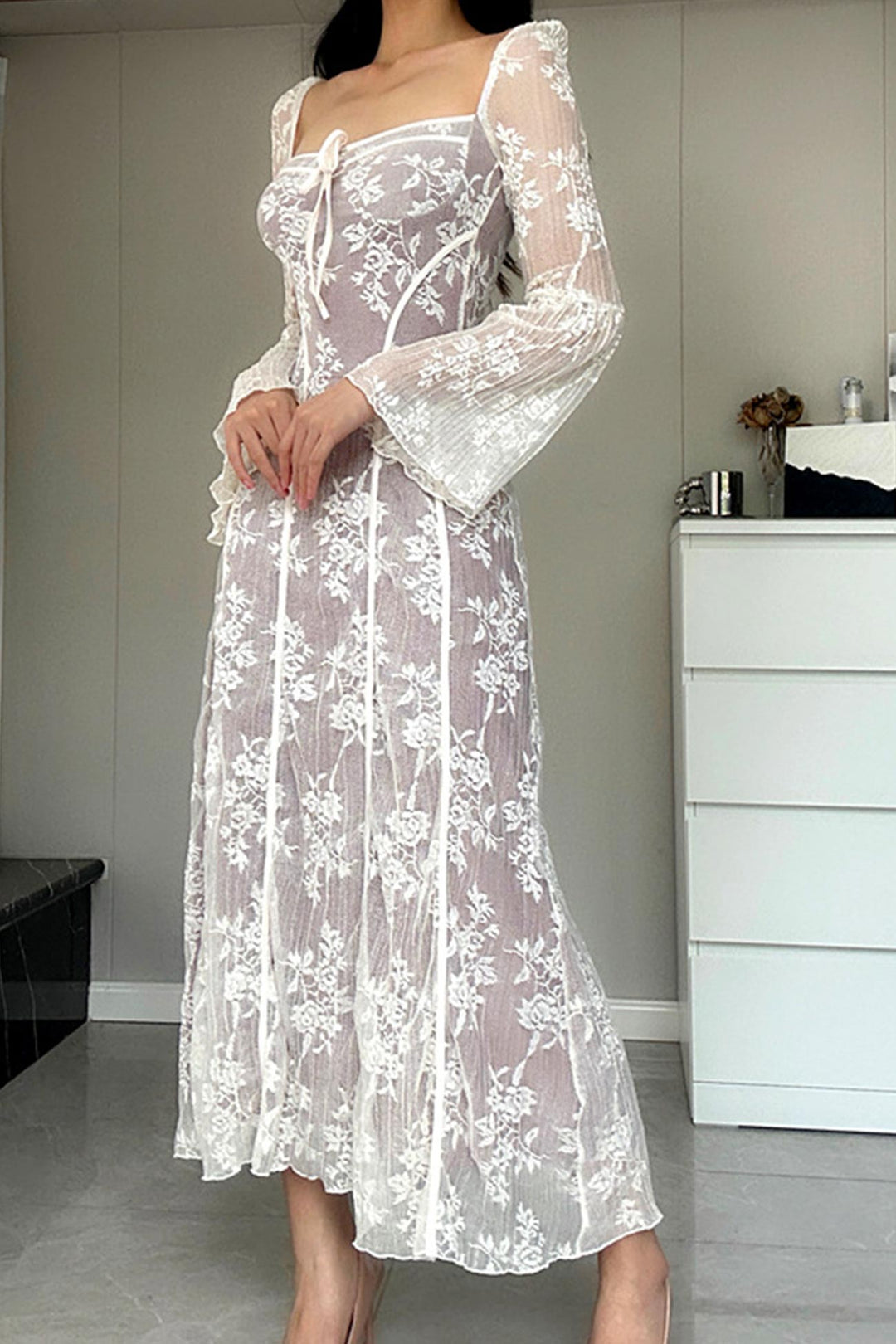 Lace Tie-up Flare Sleeve Midi Dress White · S