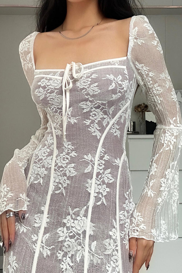 Lace Tie-up Flare Sleeve Midi Dress White · M