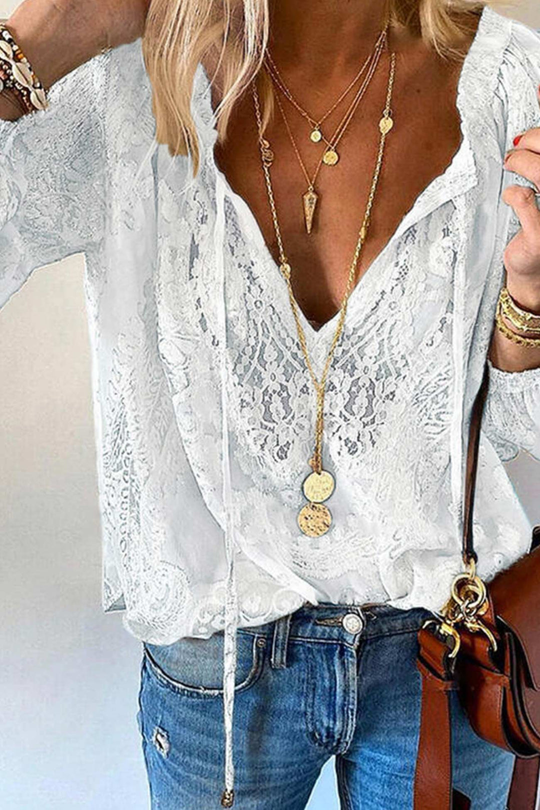 Lace Tie-up Solid Blouse Khaki · S