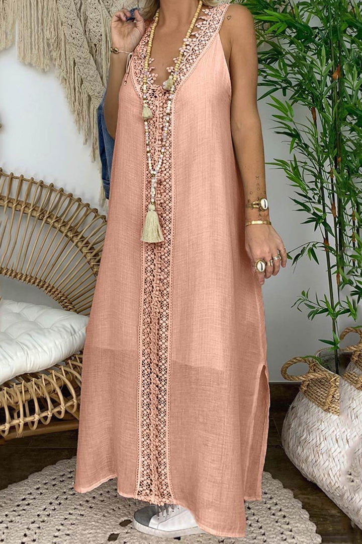 Lace V Neck Slit Tank Dress Blue · S