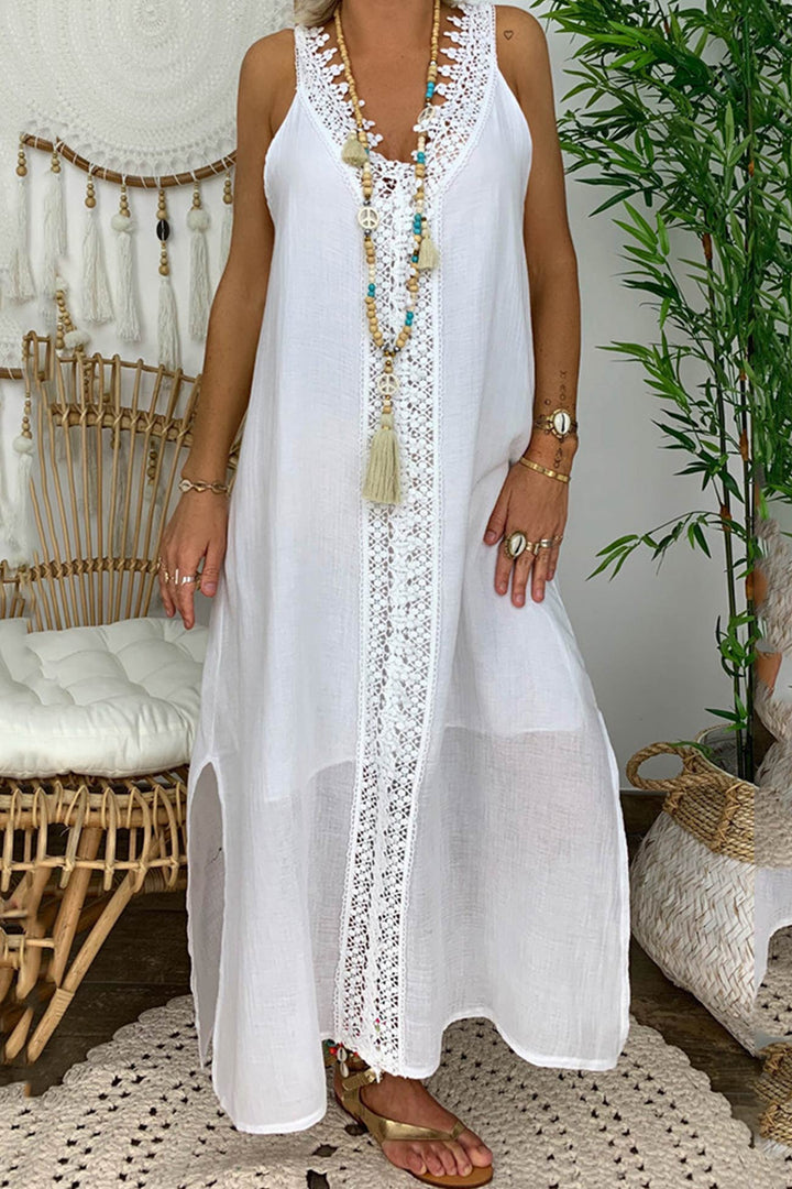 Lace V Neck Slit Tank Dress White · S