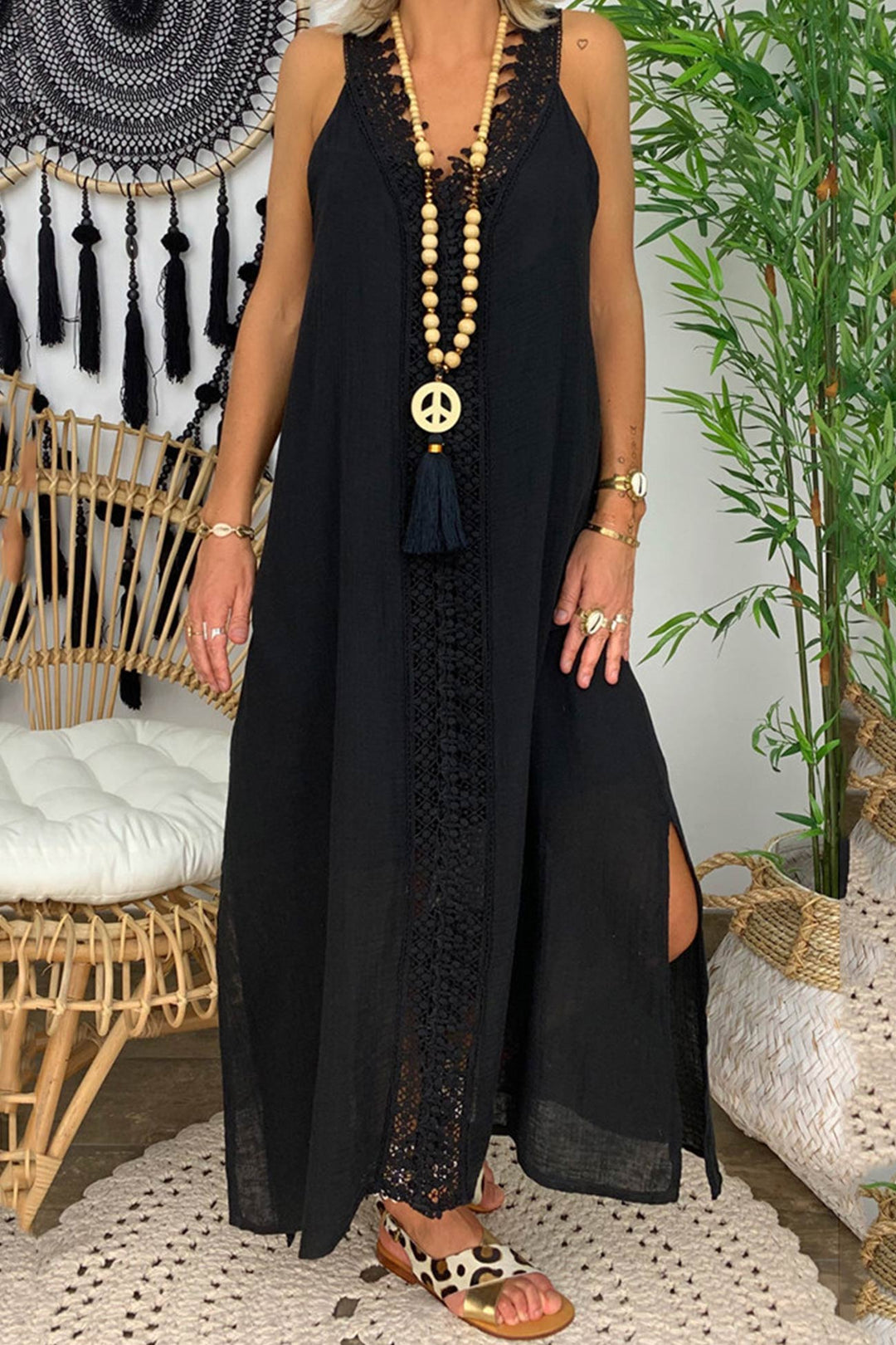 Lace V Neck Slit Tank Dress Blue · XL