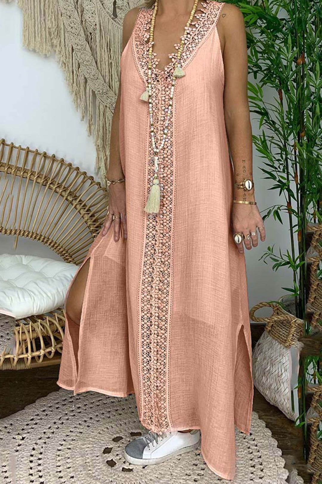 Lace V Neck Slit Tank Dress White · 5XL