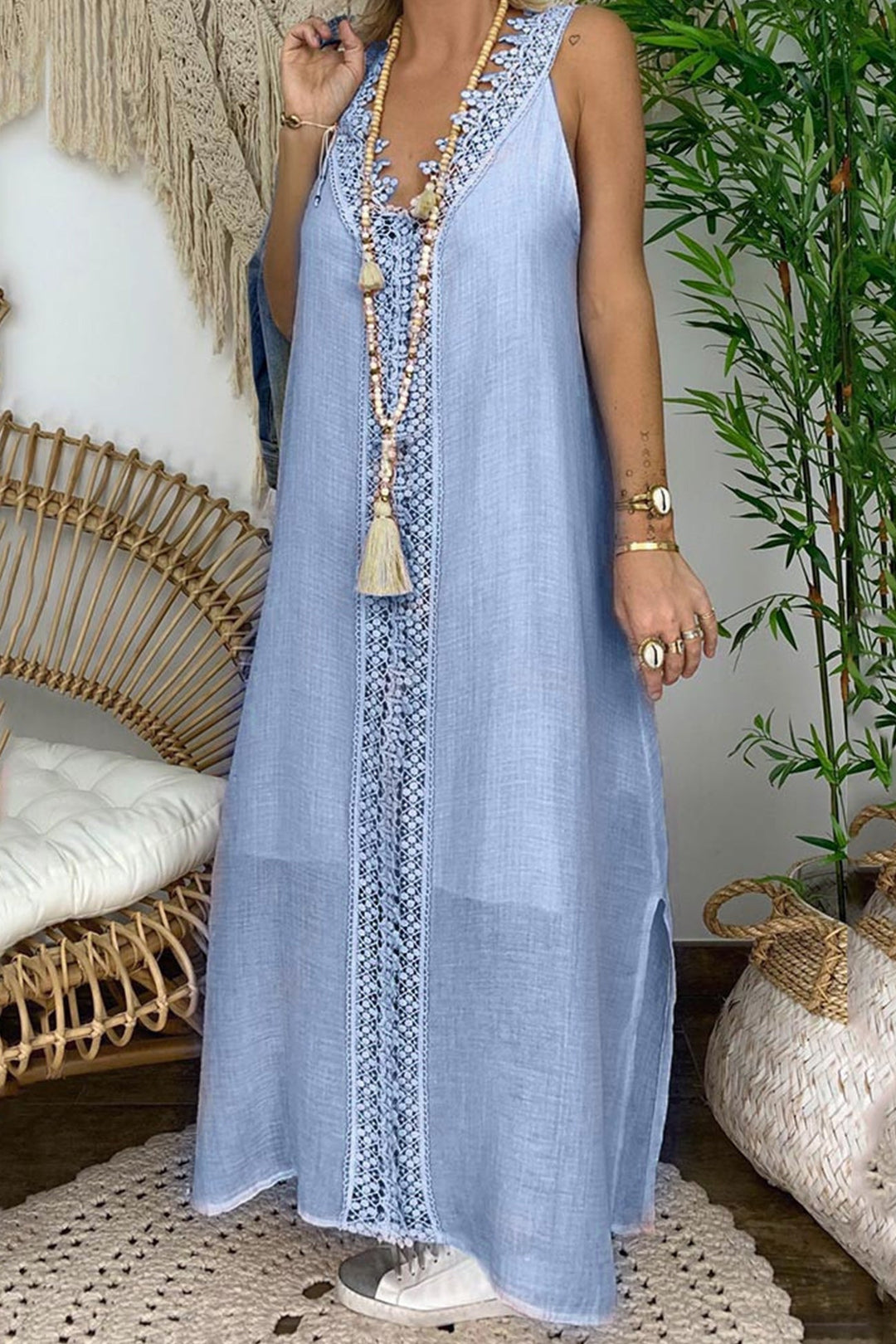 Lace V Neck Slit Tank Dress White · 2XL