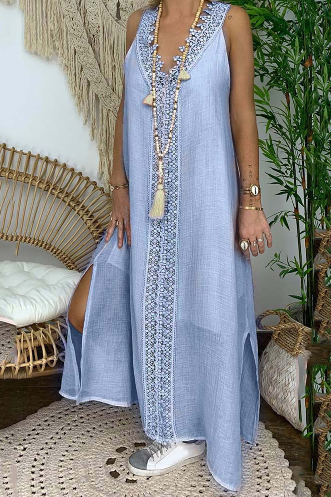 Lace V Neck Slit Tank Dress White · XL