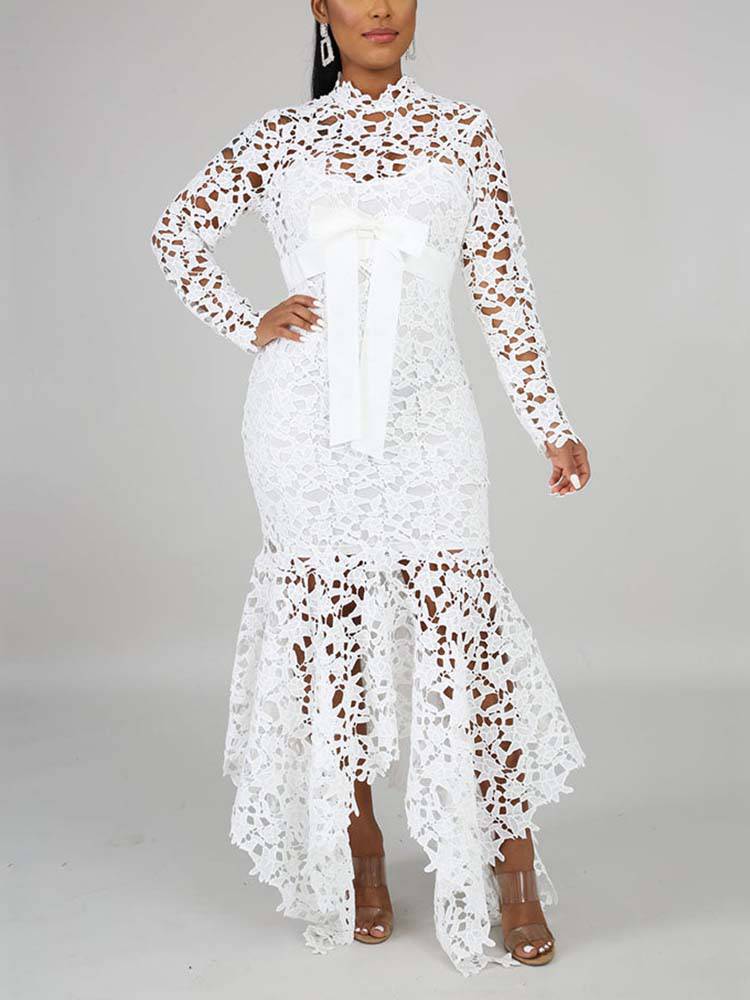 Lace O Neck Irregular Maxi Dress Green / L