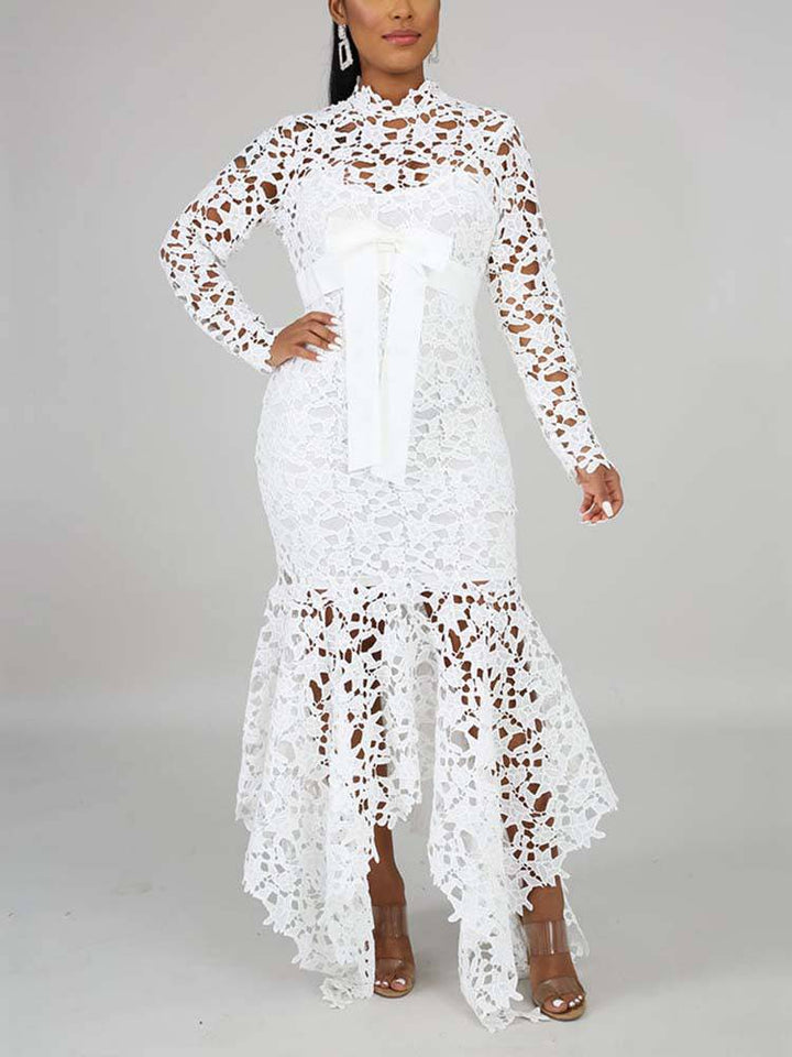 Lace O Neck Irregular Maxi Dress Green / L