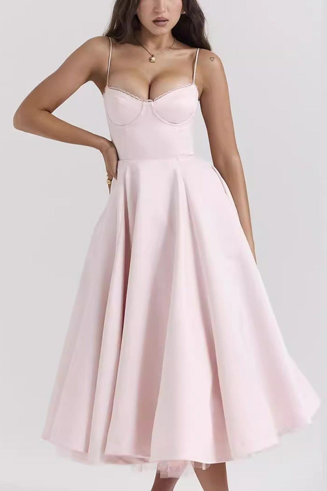 Lacework Mesh Patchwork Cami Dress Pink · M