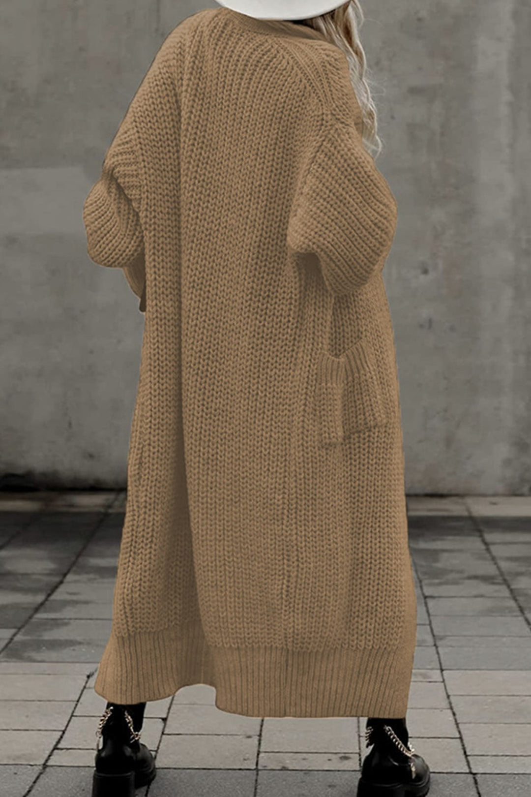 Lantern Sleeve Front With Pockets Long Cardigan Dark Grey · M