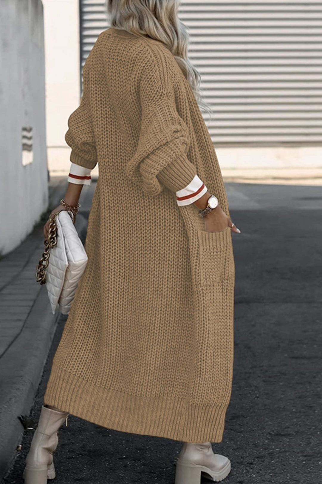 Lantern Sleeve Front With Pockets Long Cardigan Dark Grey · L