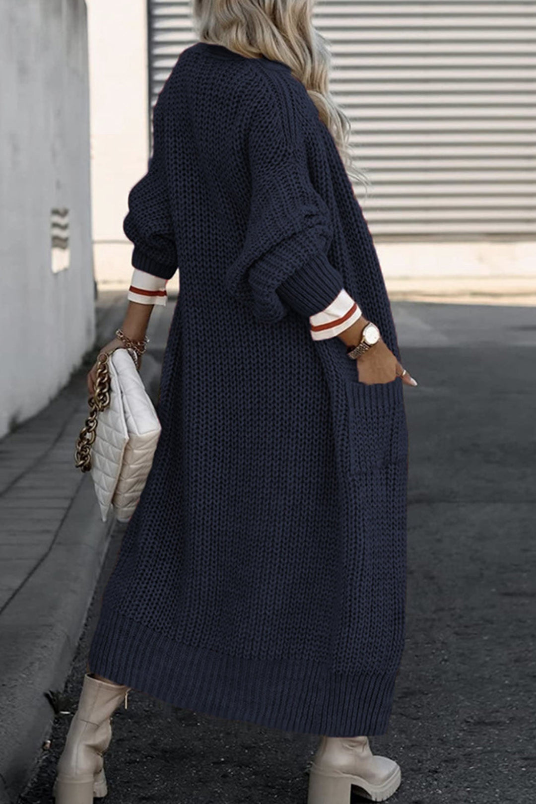 Lantern Sleeve Front With Pockets Long Cardigan Dark Grey · 5XL