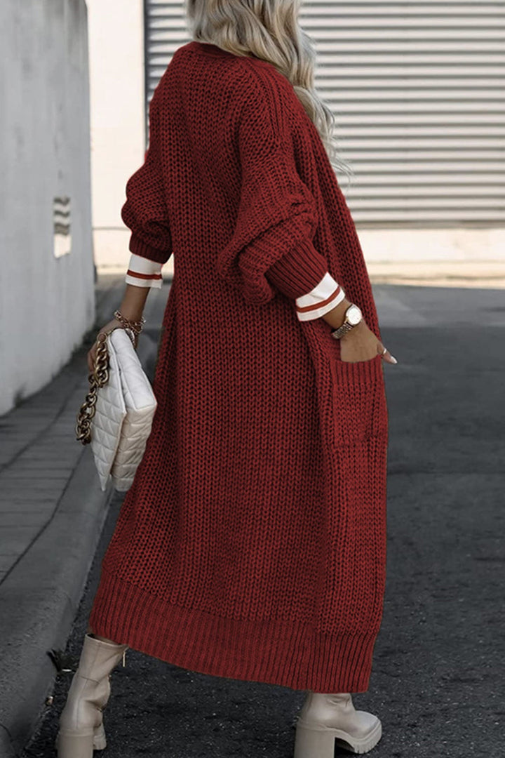 Lantern Sleeve Front With Pockets Long Cardigan Wine Red · M