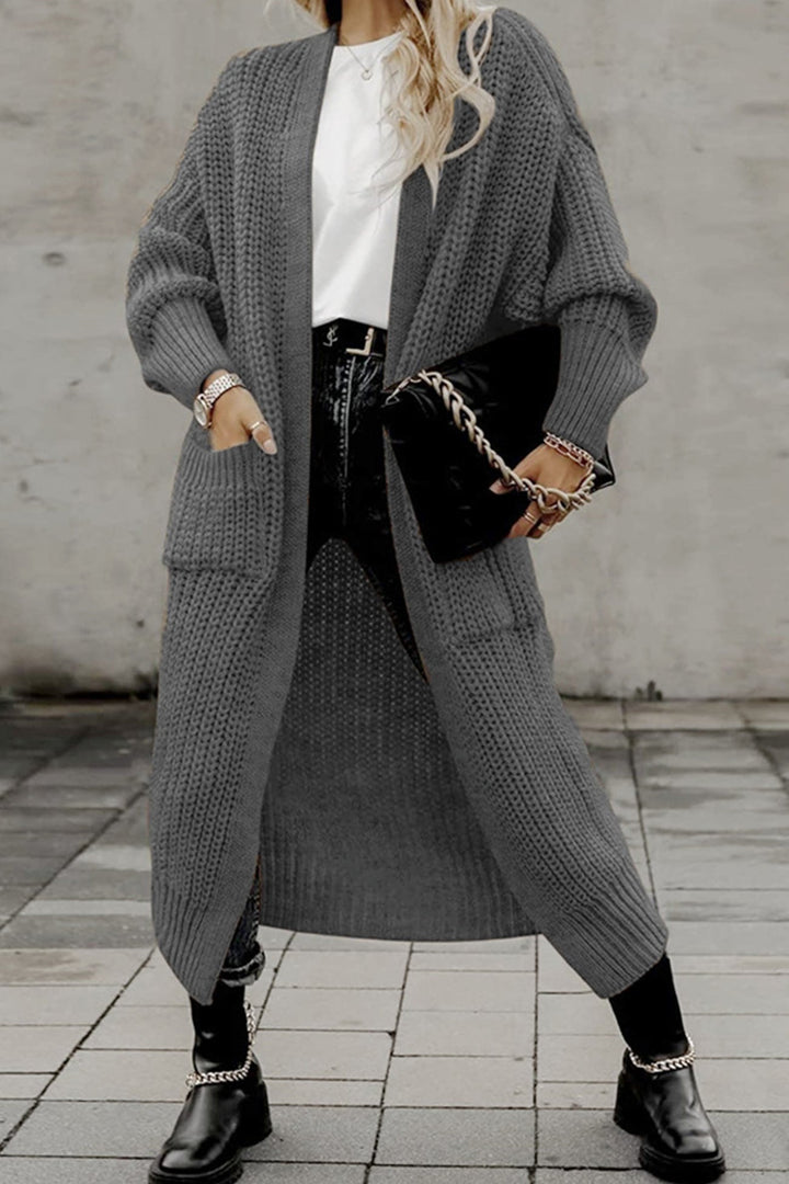 Lantern Sleeve Front With Pockets Long Cardigan Wine Red · L