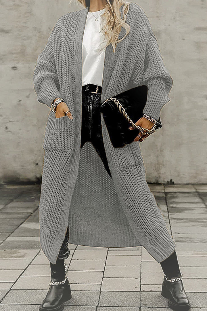 Lantern Sleeve Front With Pockets Long Cardigan Wine Red · 4XL