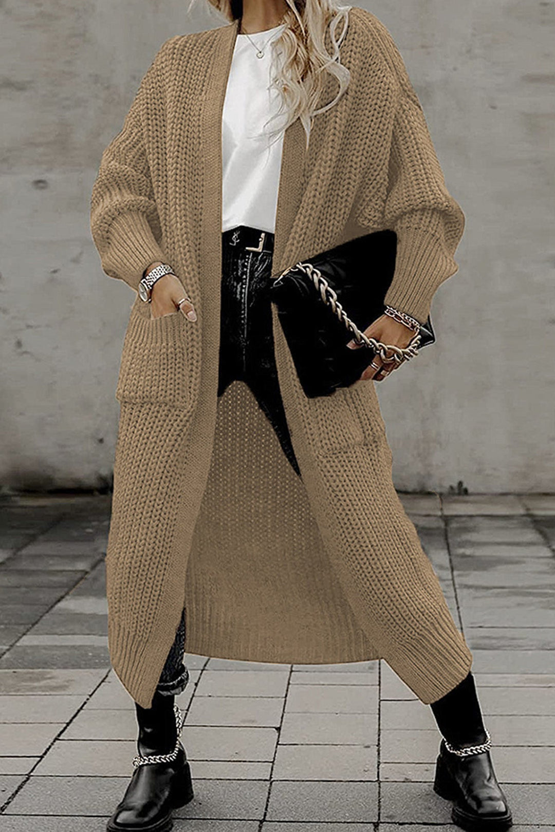 Lantern Sleeve Front With Pockets Long Cardigan Dark Grey · S