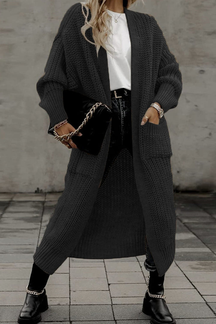 Lantern Sleeve Front With Pockets Long Cardigan Dark Grey · XL