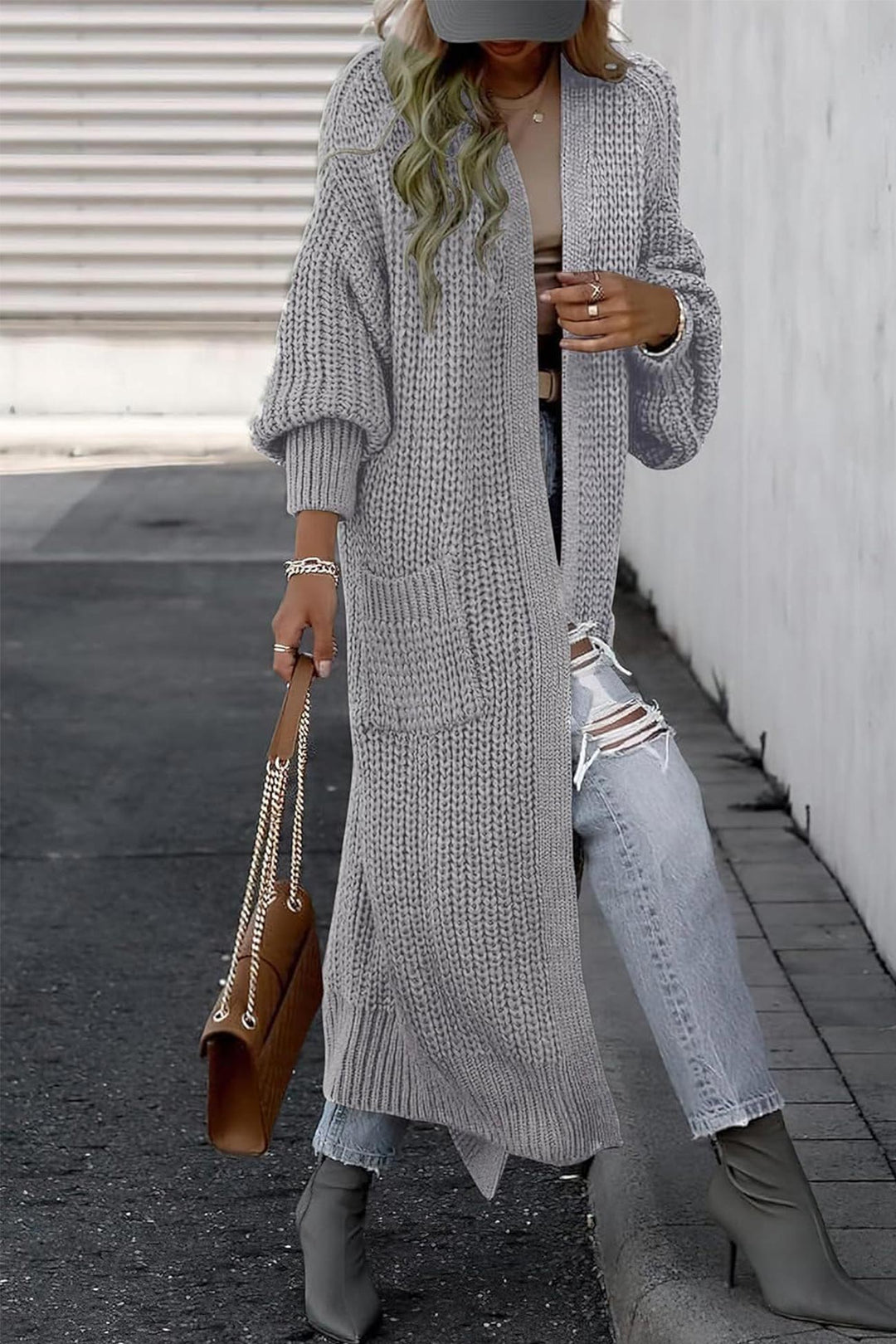 Lantern Sleeve Front With Pockets Long Cardigan Wine Red · 3XL