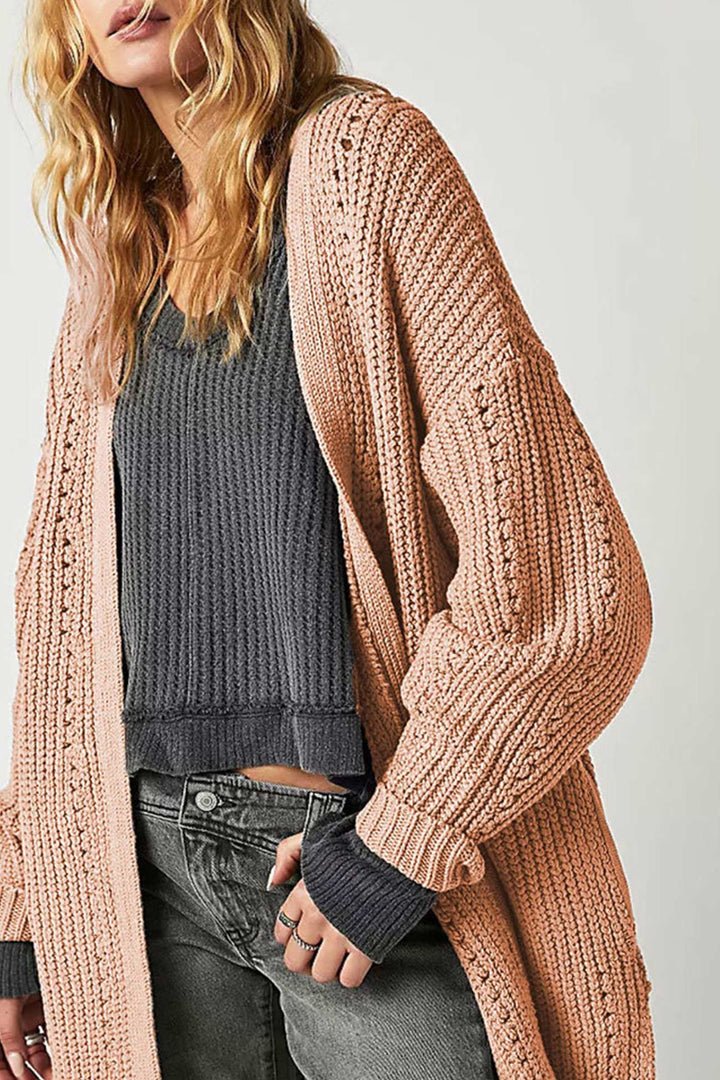 Lantern Sleeve Open Front Side Slit Cardigan Orange · S