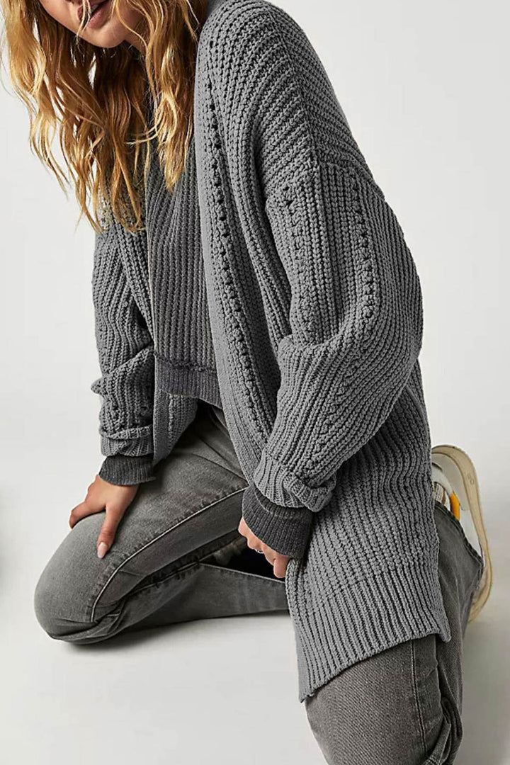 Lantern Sleeve Open Front Side Slit Cardigan Beige · S