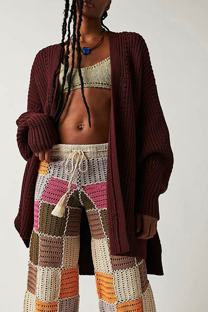 Lantern Sleeve Open Front Side Slit Cardigan Beige · L