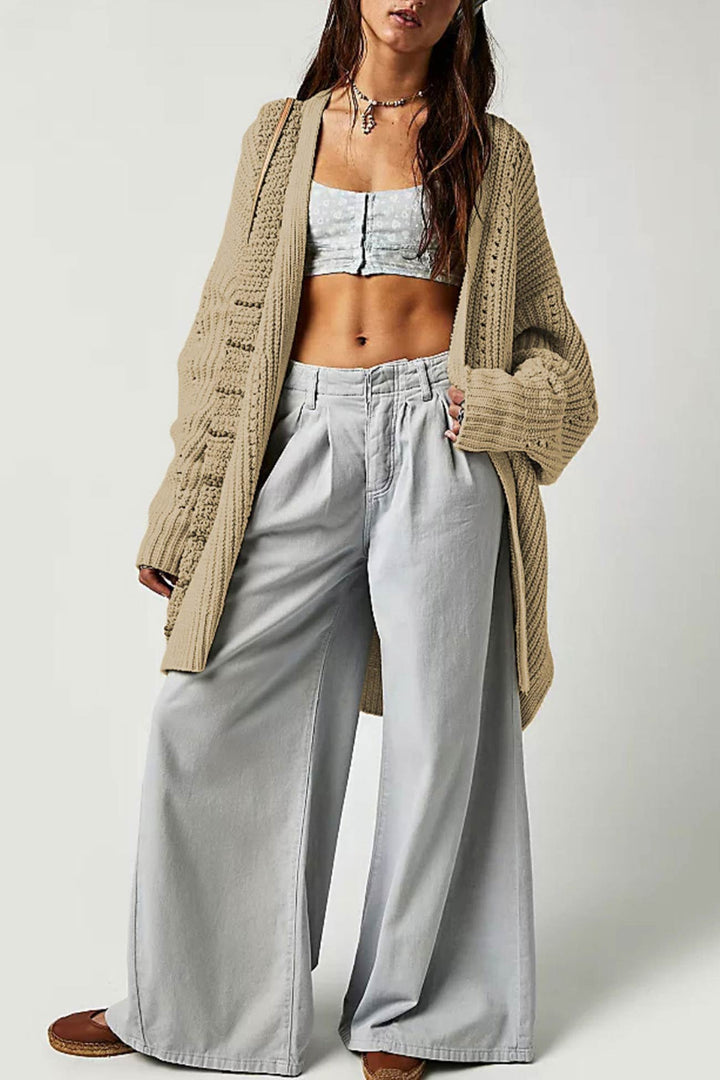 Lantern Sleeve Open Front Side Slit Cardigan Green · M