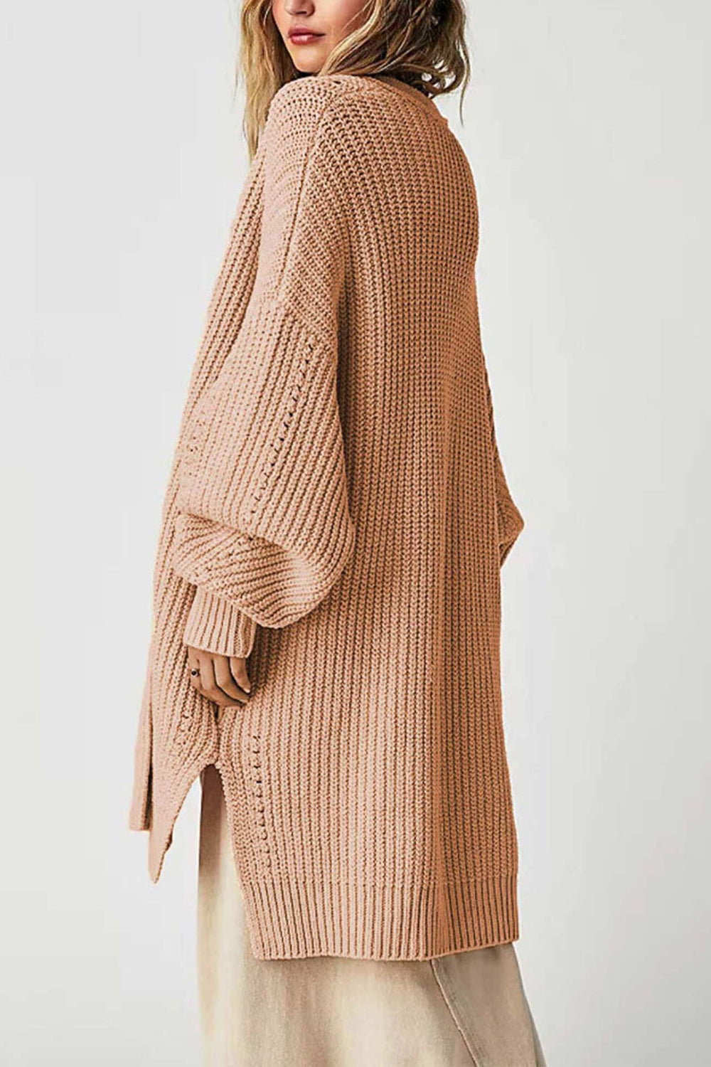 Lantern Sleeve Open Front Side Slit Cardigan Orange · M