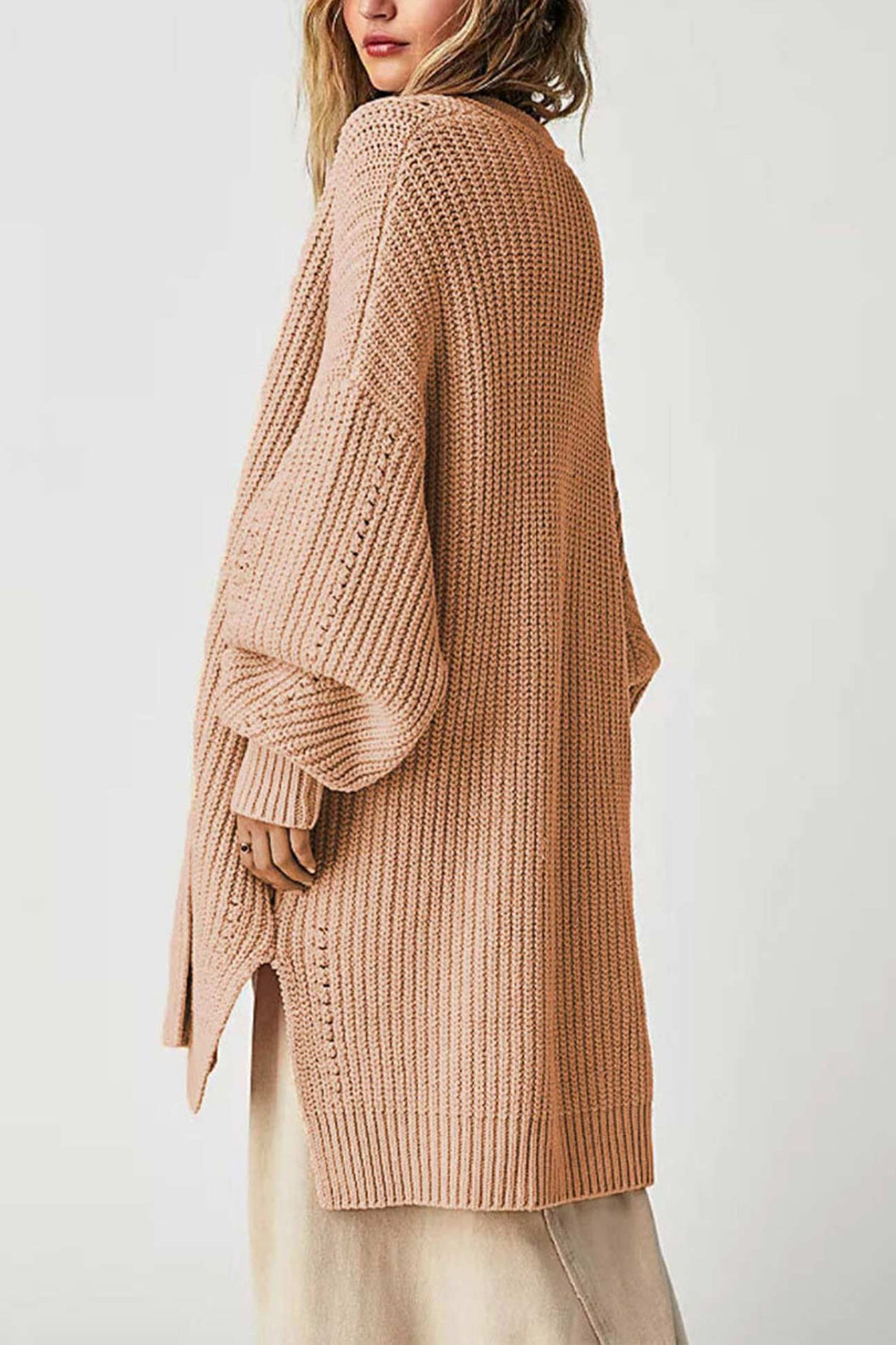 Lantern Sleeve Open Front Side Slit Cardigan Orange · M