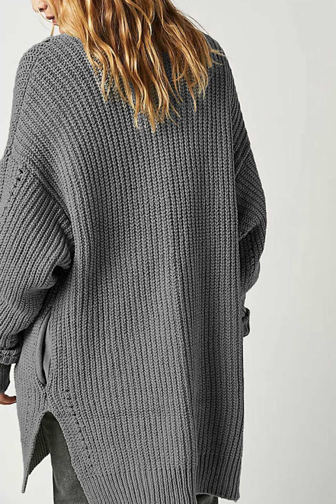 Lantern Sleeve Open Front Side Slit Cardigan Beige · M