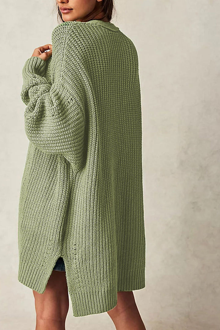 Lantern Sleeve Open Front Side Slit Cardigan Green · S