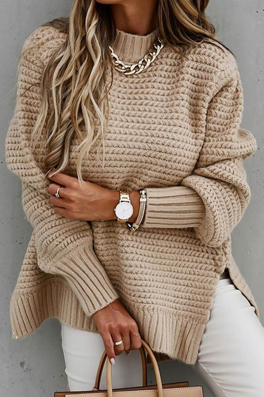Lantern Sleeve Slit Pullover Sweater