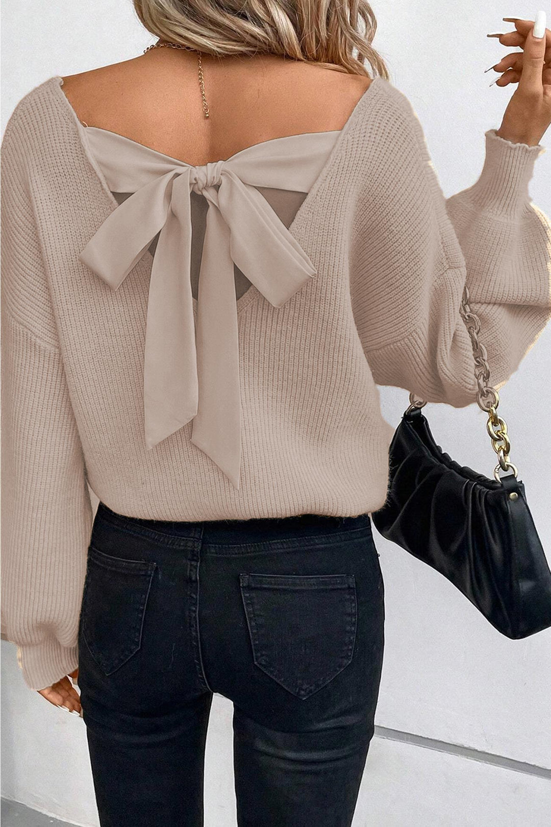 Lantern Sleeve V Neck Back Bow-knot Sweater Black · S