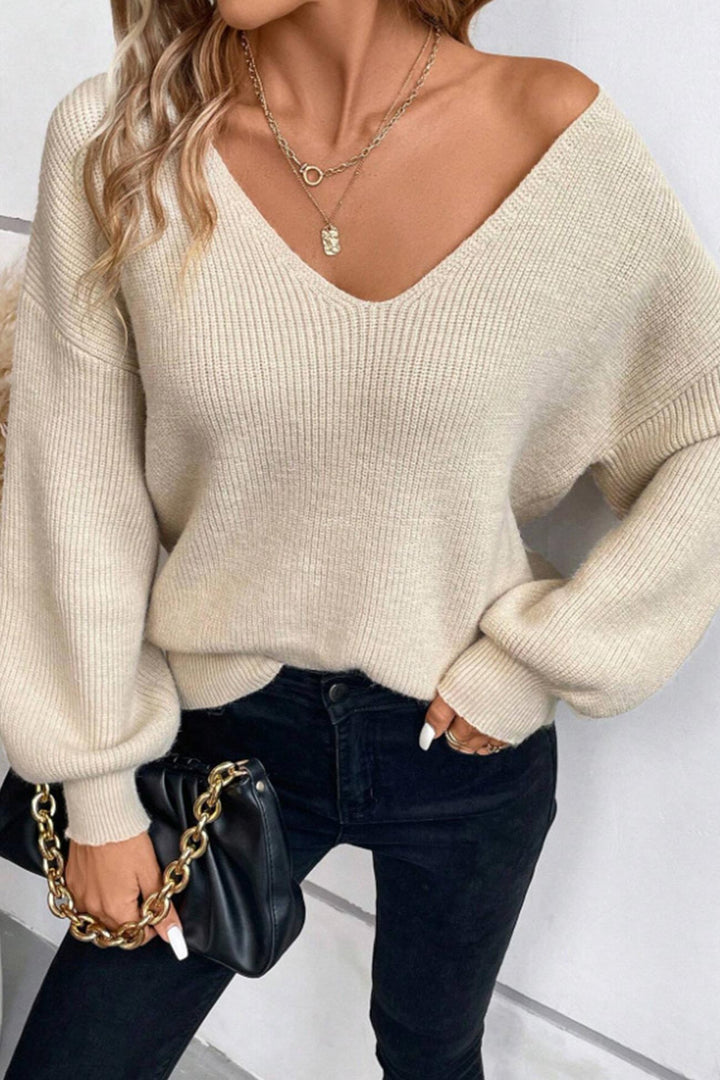 Lantern Sleeve V Neck Back Bow-knot Sweater Khaki · S
