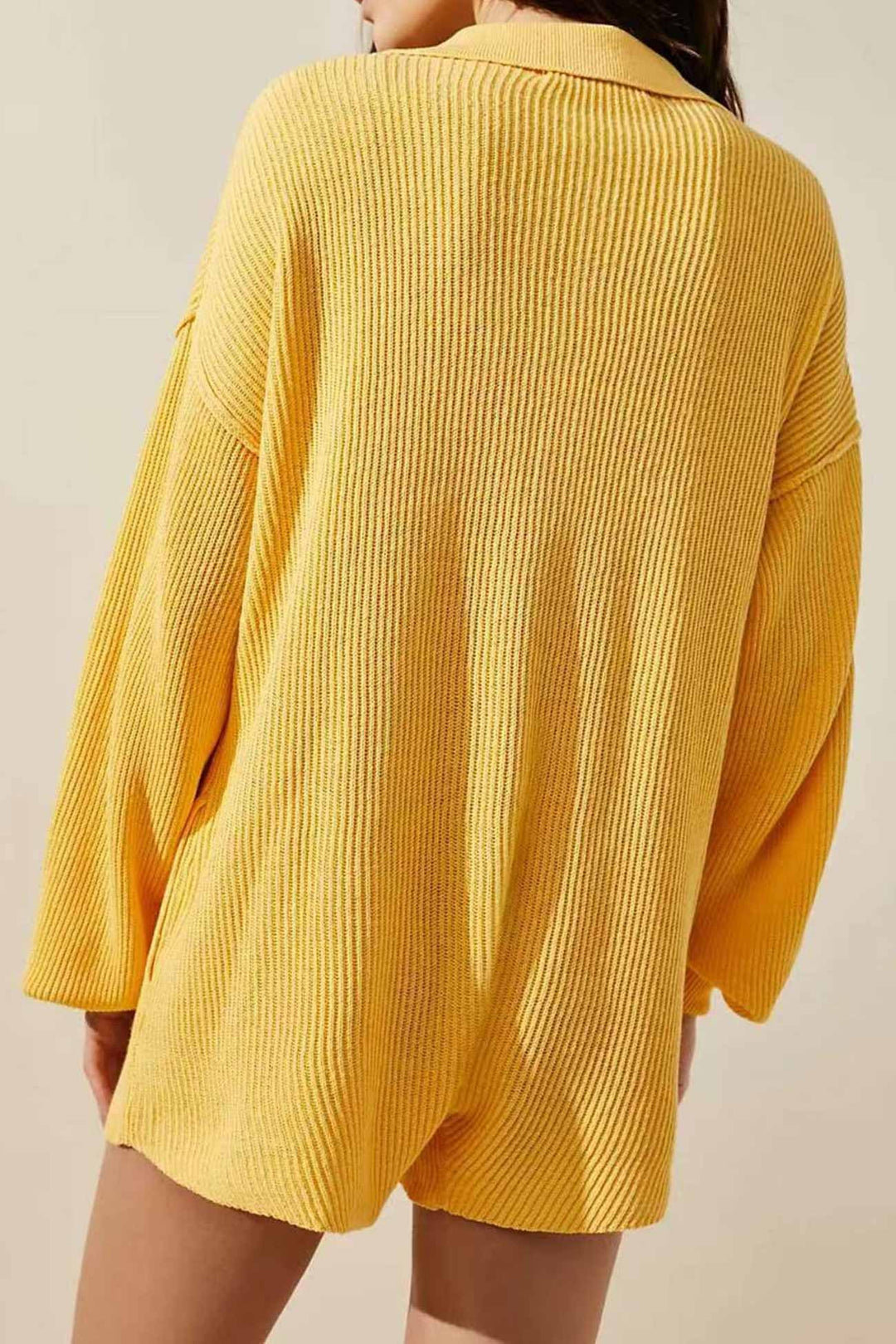 Lapel Long Sleeve Button-down Ribbed Rompers Blue · L