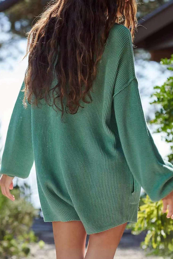 Lapel Long Sleeve Button-down Ribbed Rompers Green · S