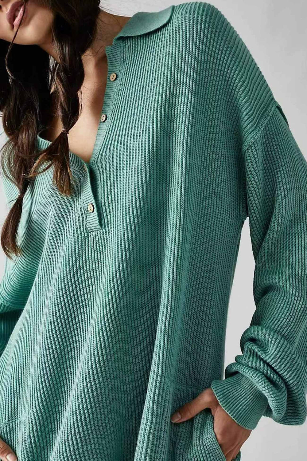 Lapel Long Sleeve Button-down Ribbed Rompers Green · M