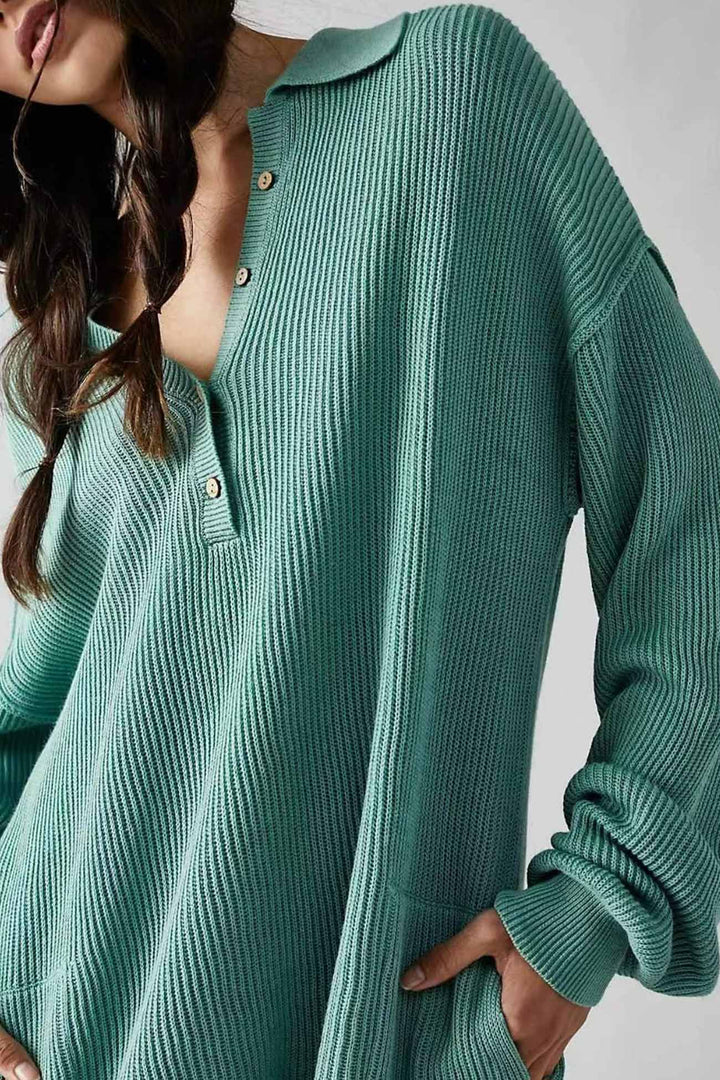 Lapel Long Sleeve Button-down Ribbed Rompers Green · M
