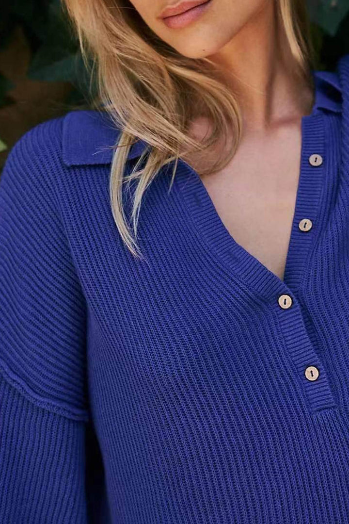 Lapel Long Sleeve Button-down Ribbed Rompers Blue · S